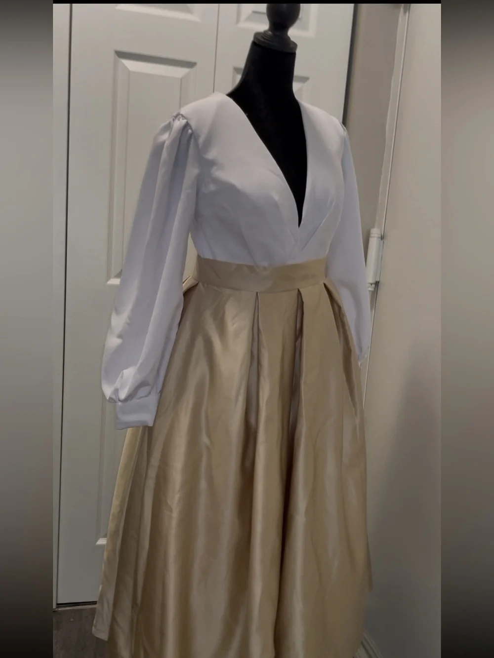 White Bodice and Champagne Maxi Dress
